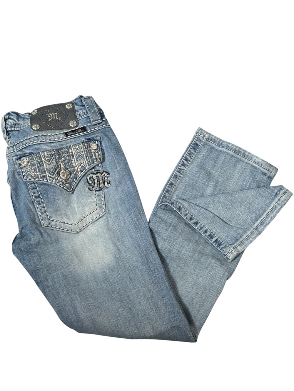 Miss Me Signature Cropped Jeans Sz 27 Rhinestone Embroidered Pockets Preppy Rock